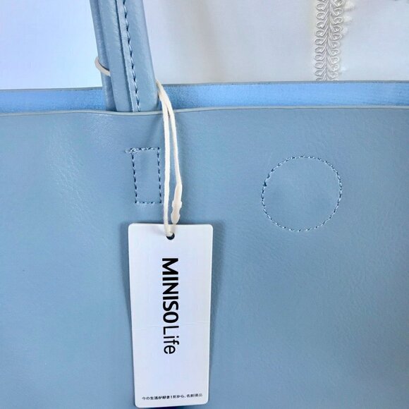 MINISO Shoulder Bag Blue Tote/Pink Portfolio Organizer Vegan Leather, Pen - Picture 8 of 16